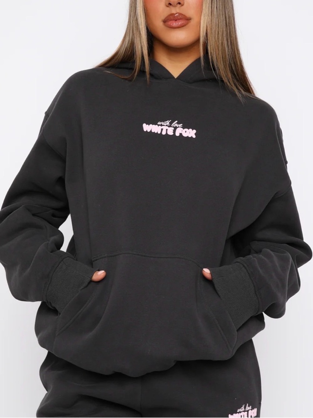 White Fox Boutique Black Hoodie with Pink Logo